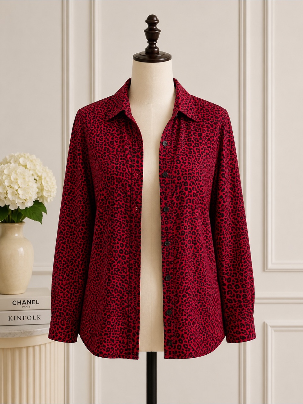 Chico's Red and Black Leopard Print Button-Up